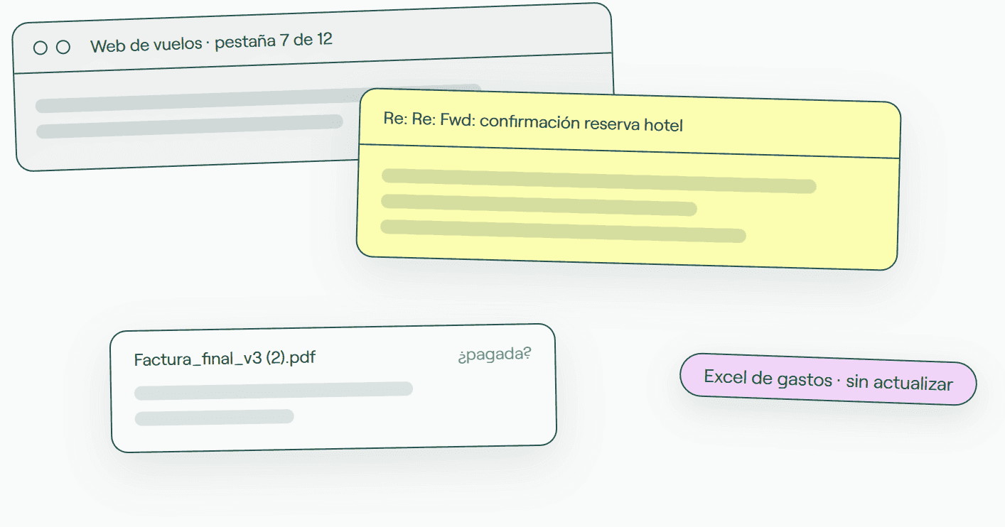 Pestañas de webs de vuelos, correos reenviados, facturas y un Excel de gastos sin actualizar