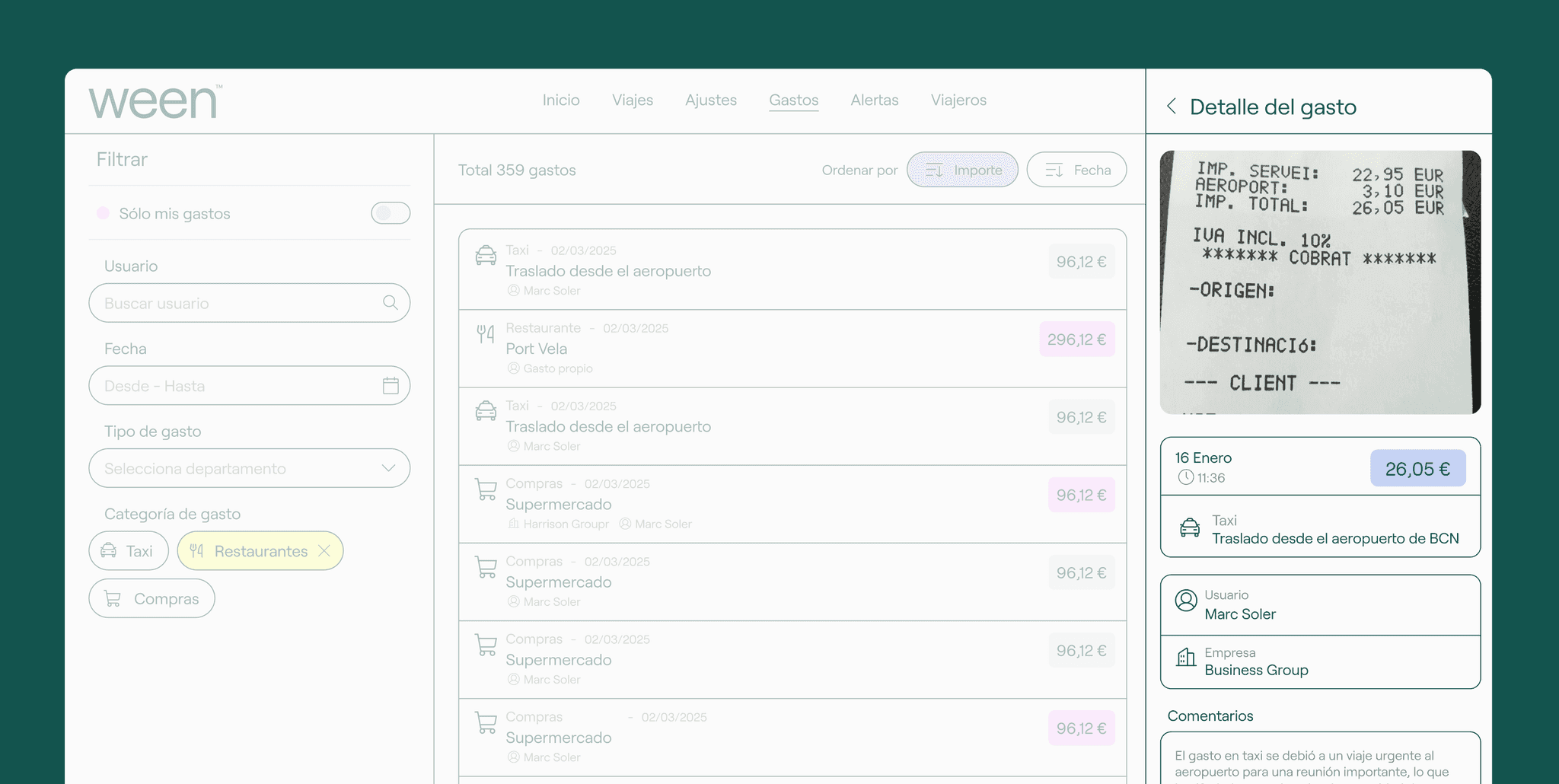 Panel de gastos de Ween con filtros, listado de gastos y detalle de un ticket