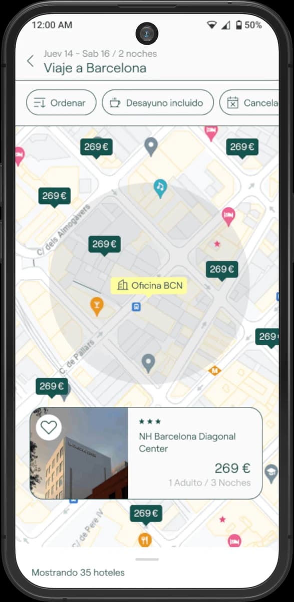 Búsqueda de hoteles en el mapa de la app de Ween
