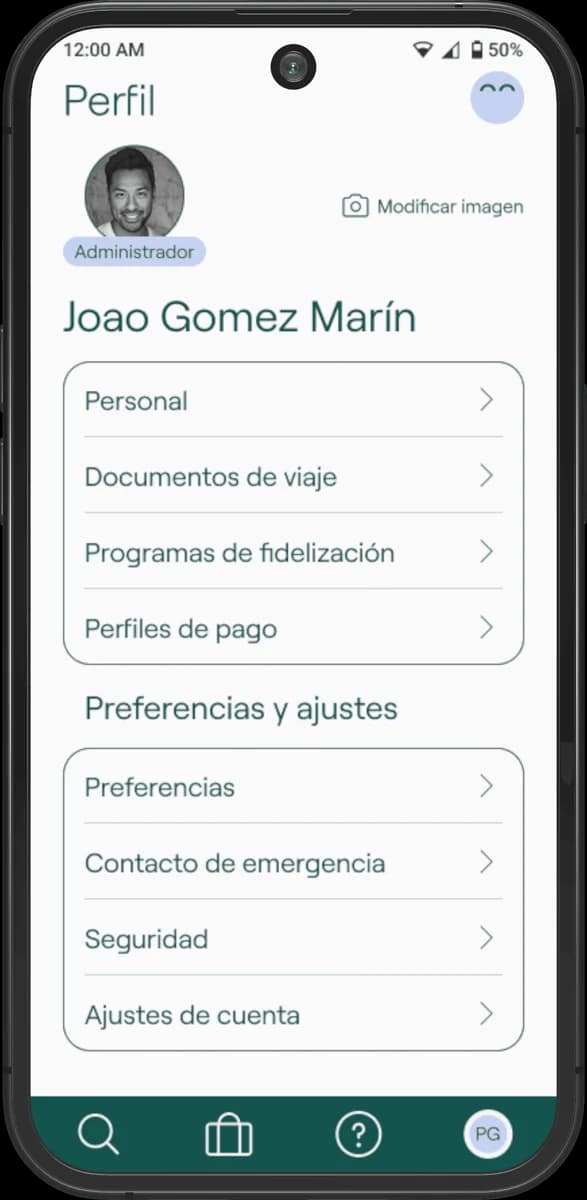 Perfil de viajero en la app de Ween