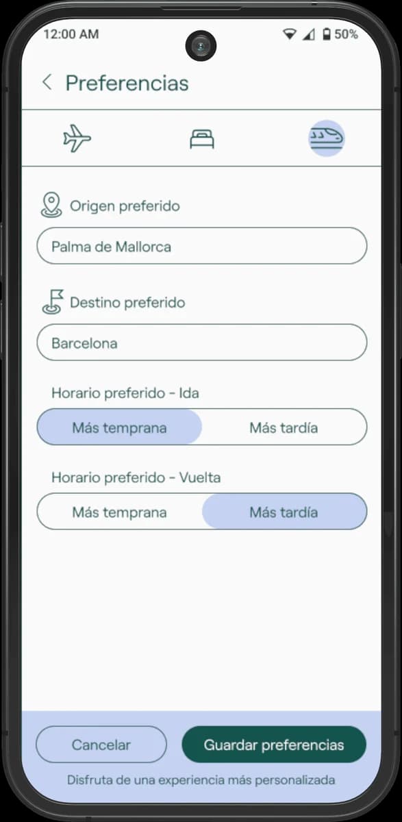 Preferencias de viaje en la app de Ween