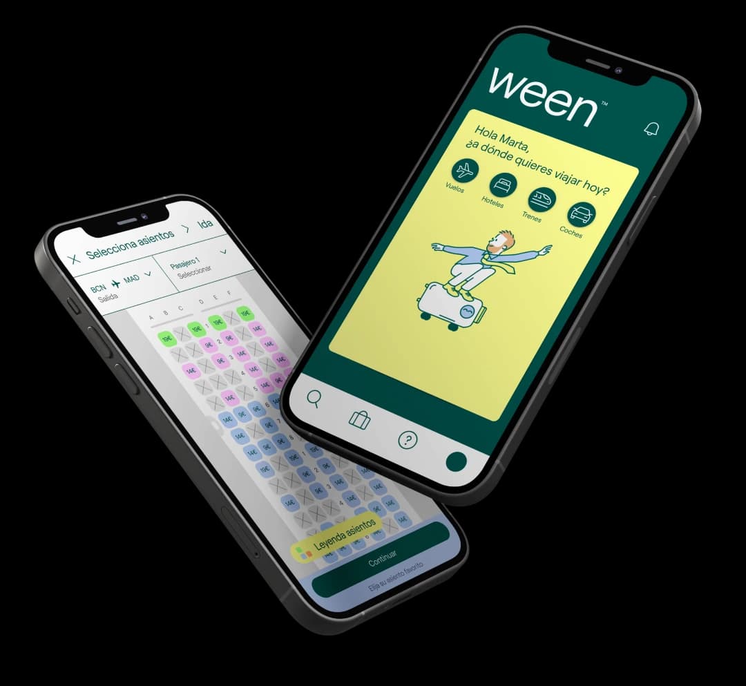 La app de Ween en dos móviles: selección de asiento y pantalla de inicio